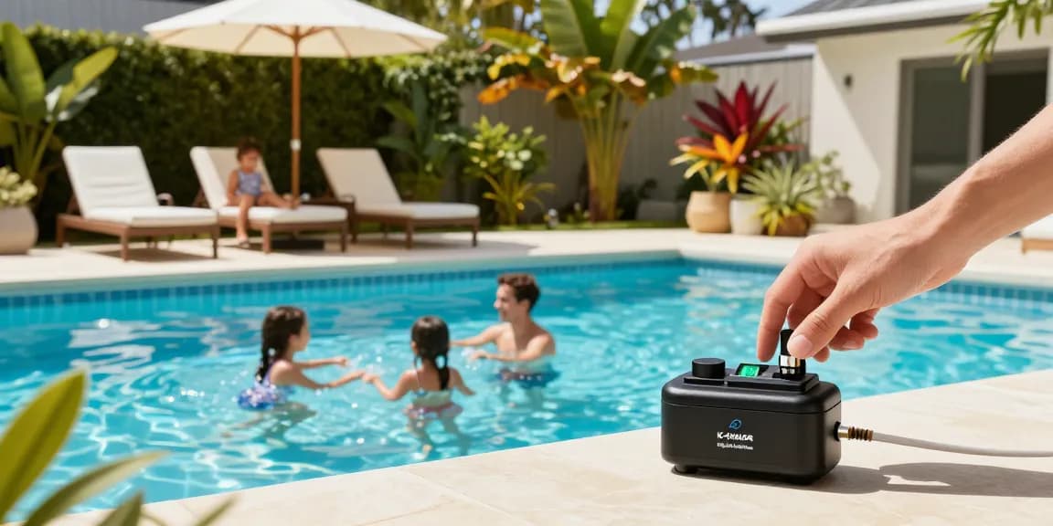 Best Pool Chlorinators featured in a sunny backyard with family enjoying a pool, showcasing K-Chlor Digital Gold Series system.