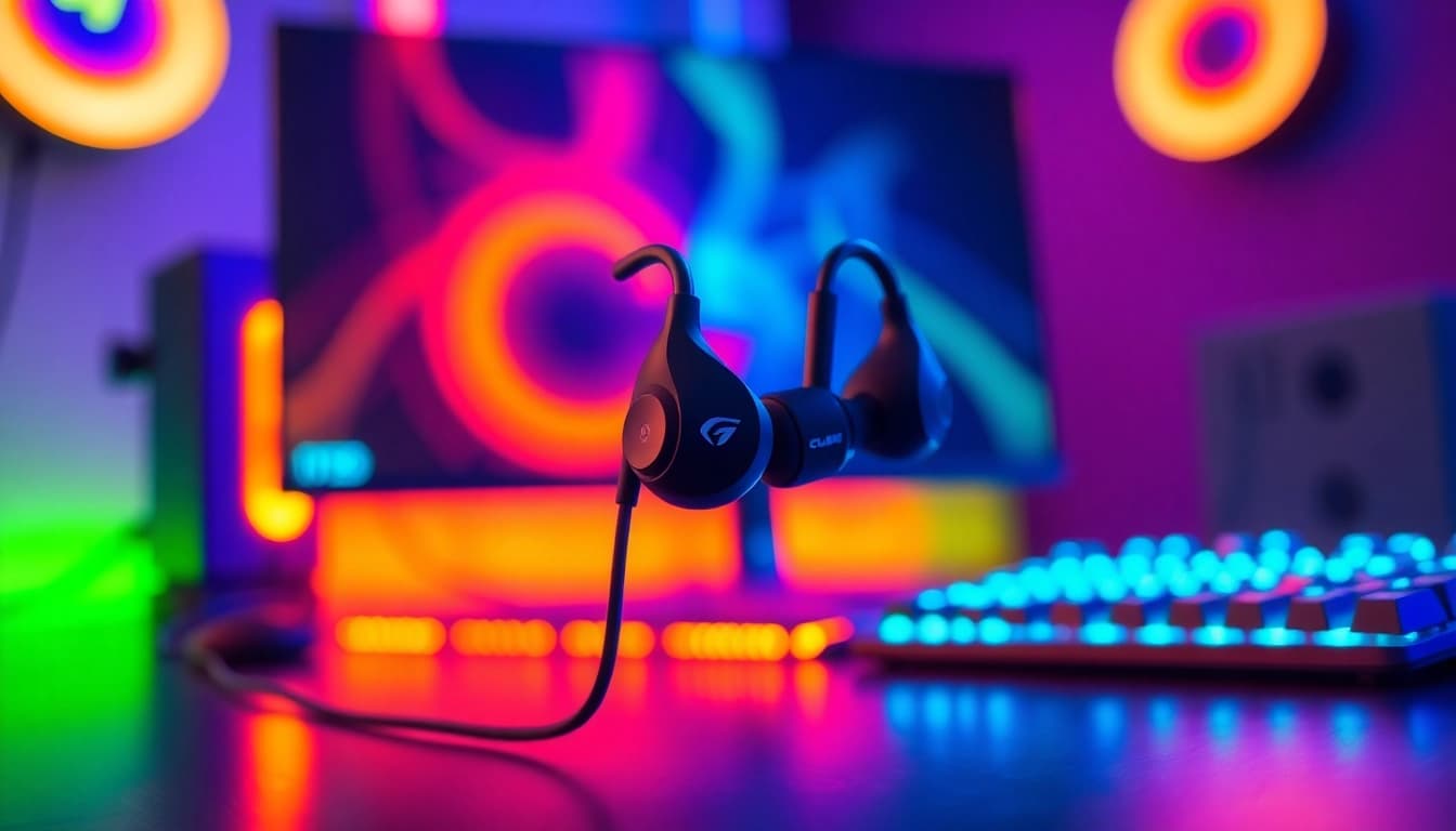 Experience the precision of PRO60 Gaming Earbuds in a vibrant gaming environment.