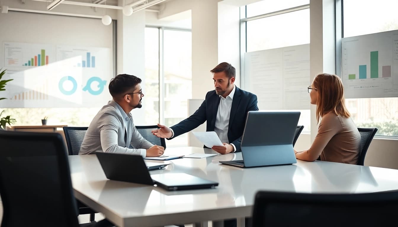 Engaging discussion on change management consulting in a modern office setting.