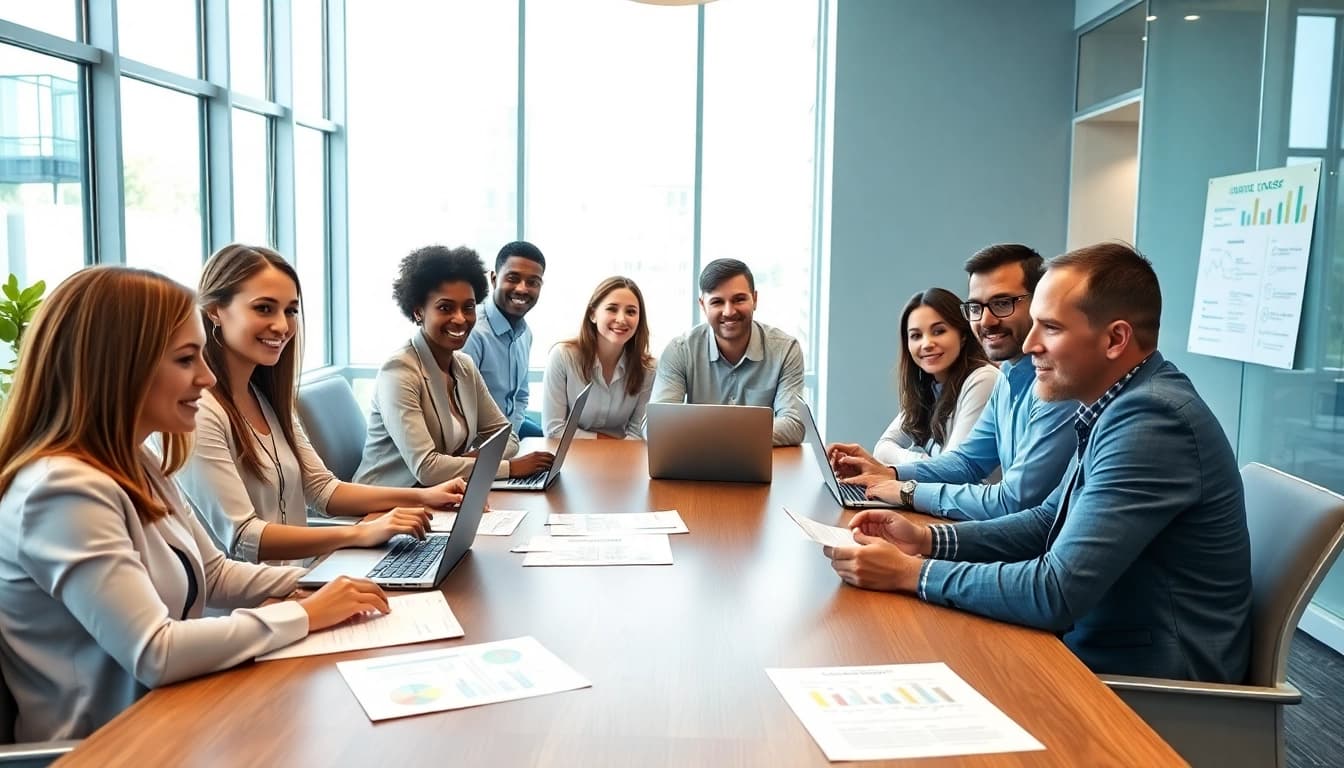 Group of professionals discussing their ideal career paths in a modern office setting.