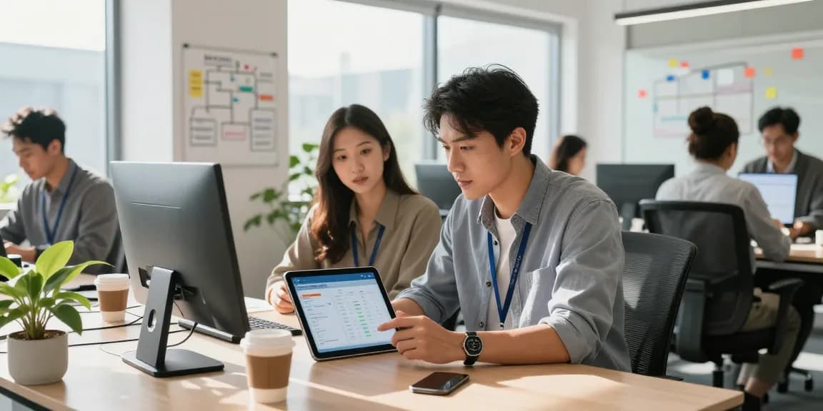 ServiceJan app for services in a bright office, team reviewing job schedules and requests, modern workspace.