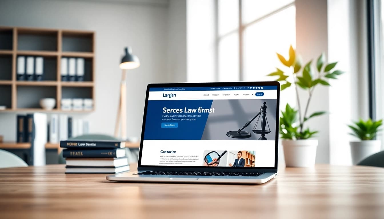 Showcasing Website Design for Law Firms on a sleek laptop in a modern office environment.