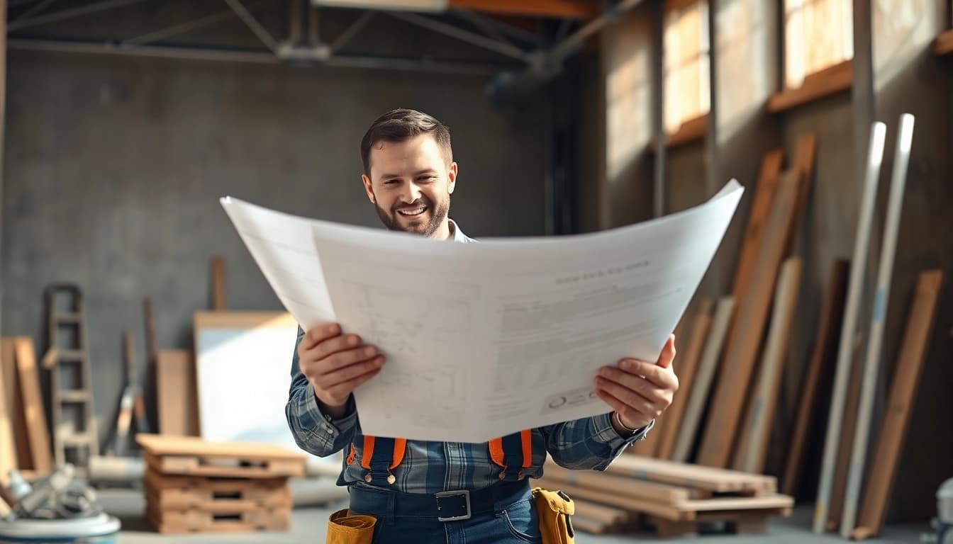 Contractor apprenticeship focus with a professional reviewing blueprints at a construction site.
