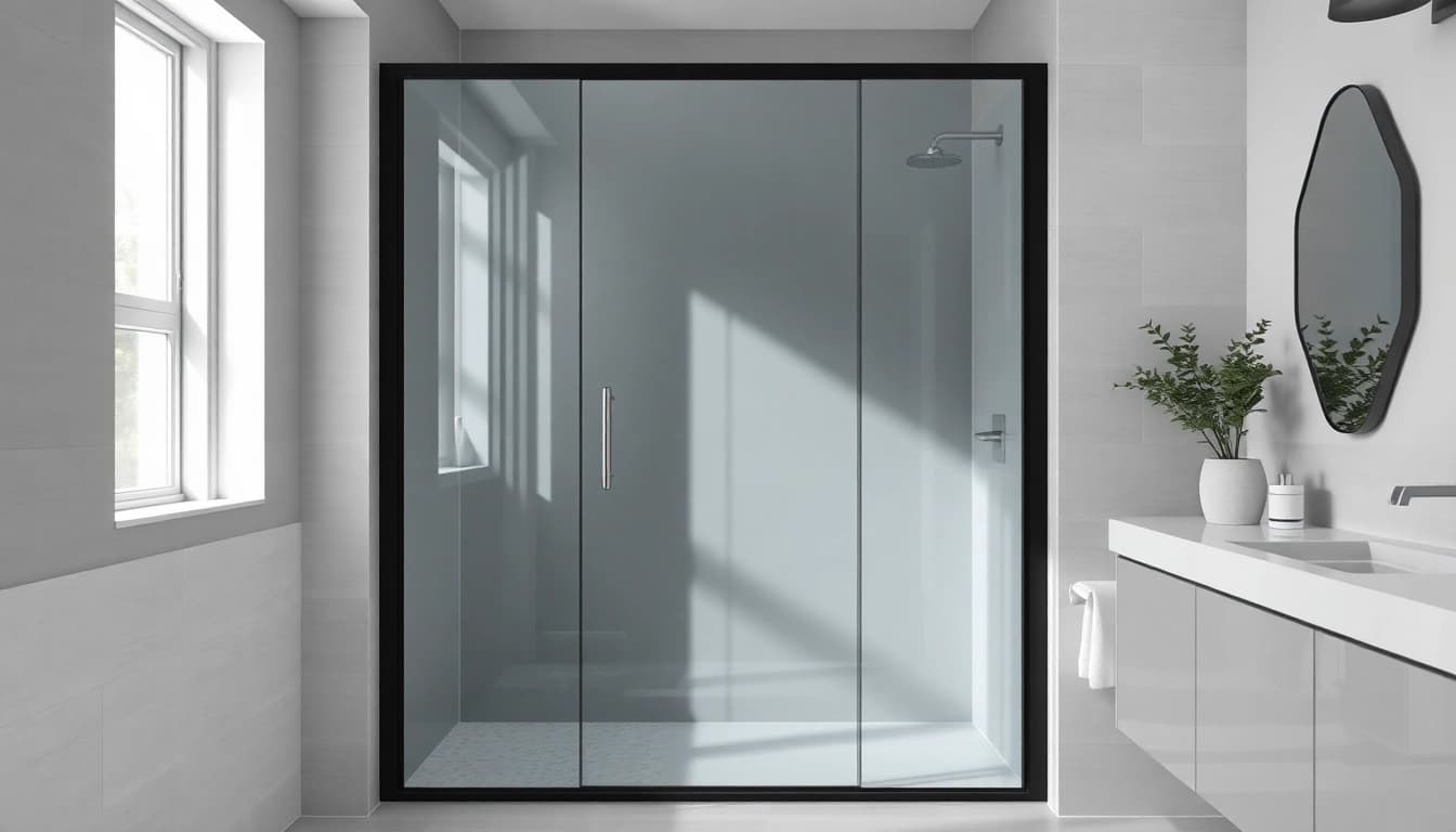 Beautifully designed black shower door in a minimalist bathroom with natural light.