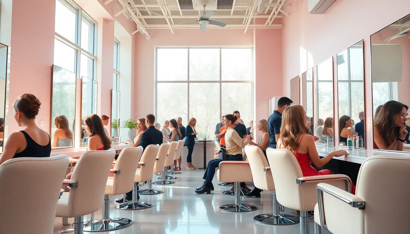Best salons in city showcasing luxury interior, stylish salon chairs, and happy clients with professional stylists.