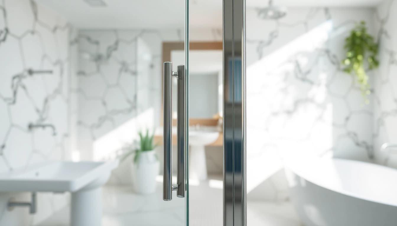 Feature modern shower doors sliding amidst a stylish bathroom setting, emphasizing elegance and design.
