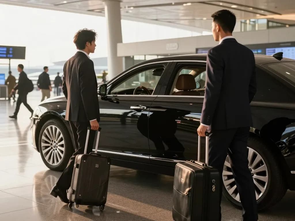 Chicago airport limo service with a chauffeur welcoming a client at the terminal.