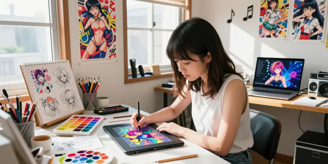 Artist illustrating dynamic ecchi characters in a vibrant studio.