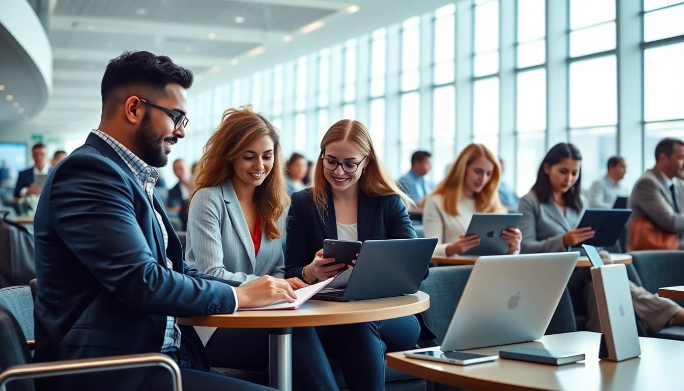 Travelers completing their uk eta online application at a modern airport lounge.