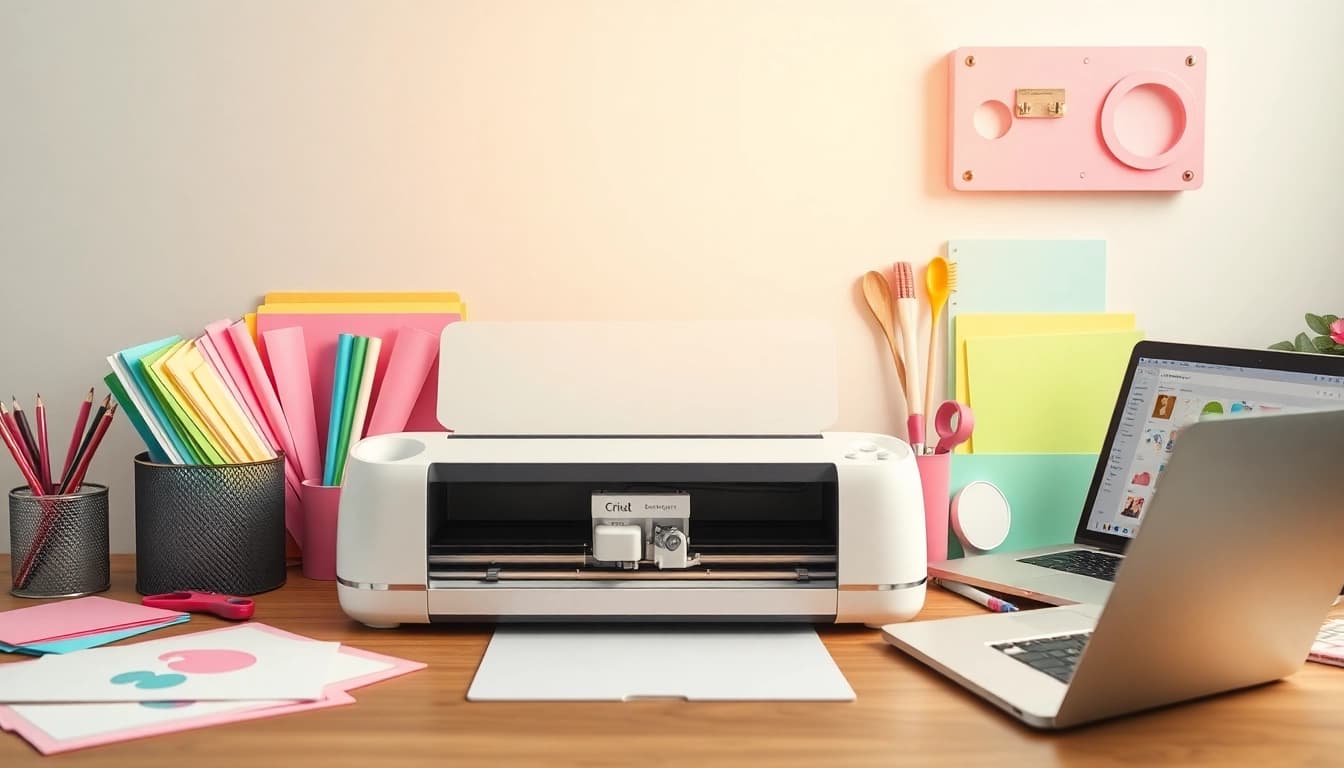 Cricut for beginners in a creative workspace with colorful crafting materials and tools.