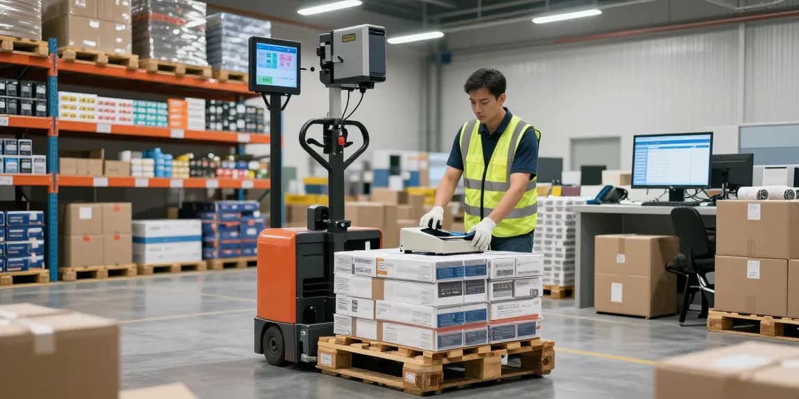 Efficient operation of an electric pallet truck with scale and printer in a busy warehouse setting, showcasing advanced material handling.
