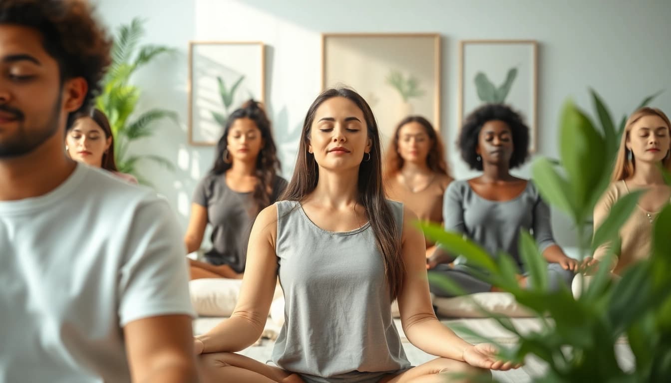 Engaged individuals practicing mental wellness during a calming meditation session.