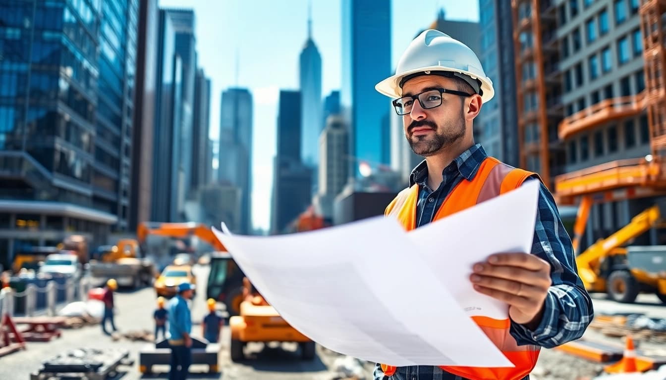 New York City General Contractor reviewing construction plans at a busy site amidst skyscrapers.