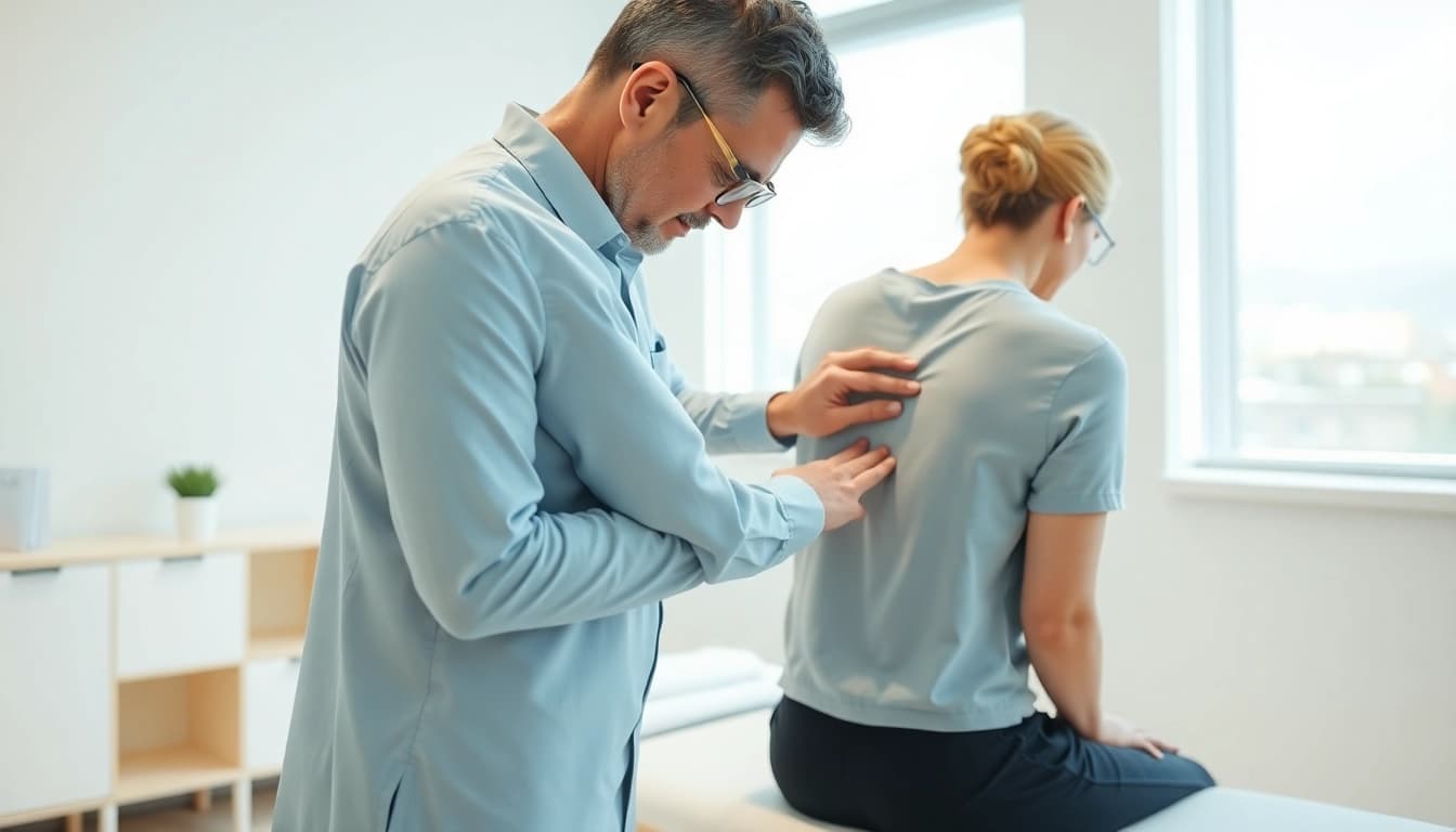 Therapist aiding a patient with chronic low back pain during a spinal adjustment in a bright clinic setting.