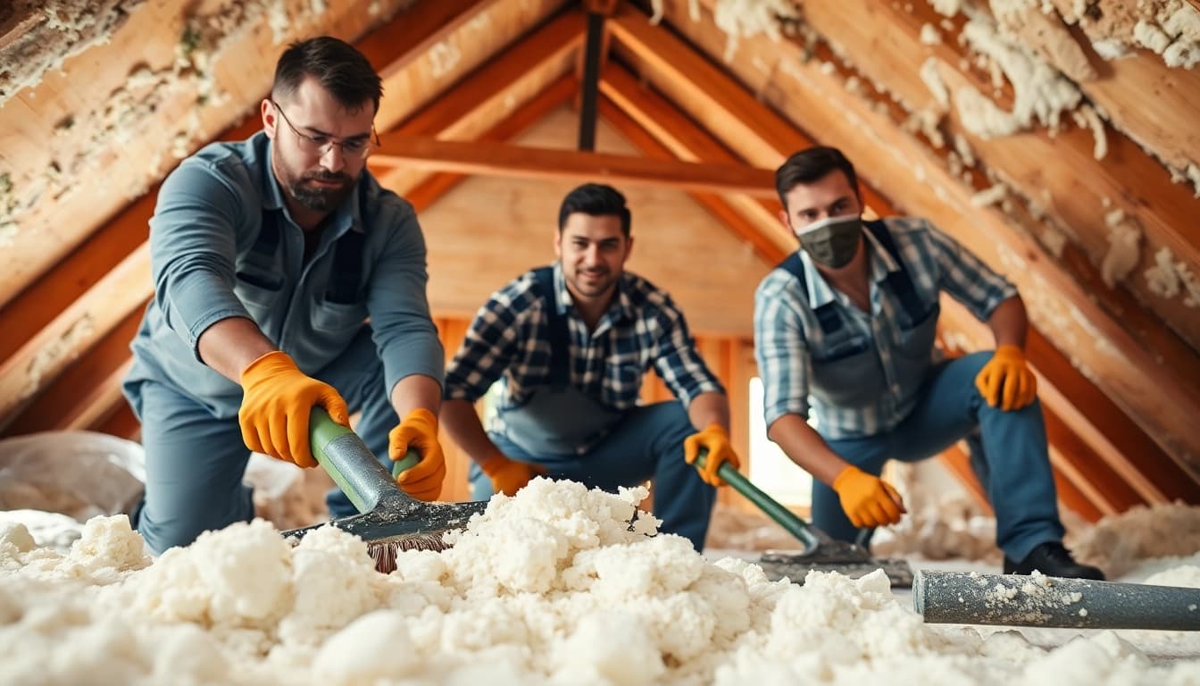 Efficient spray foam removal companies in action, cleaning an attic with foam debris.
