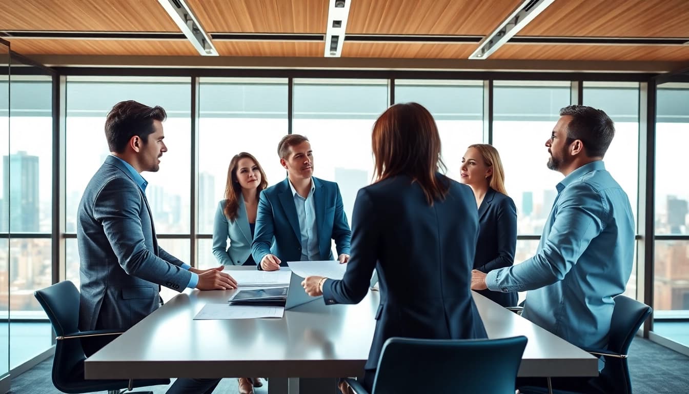 Quickplus Business Consultants collaborating in a modern office, showcasing teamwork and strategy development.