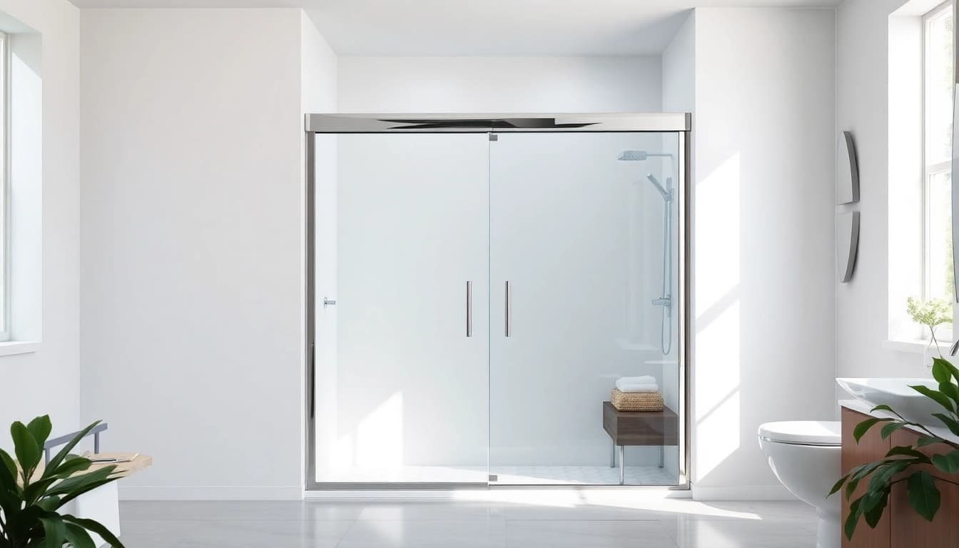 Elegant shower doors sliding in a contemporary bathroom design, showcasing modern aesthetics and functionality.