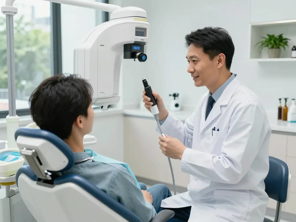 Dentist consulting with a patient in a modern clinic, demonstrating advanced dental equipment.