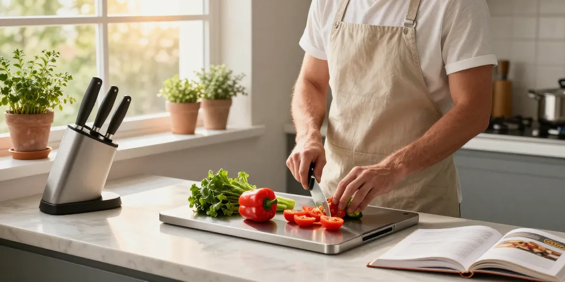 Home cook using the best titanium cutting board to prepare fresh vegetables in a bright kitchen.