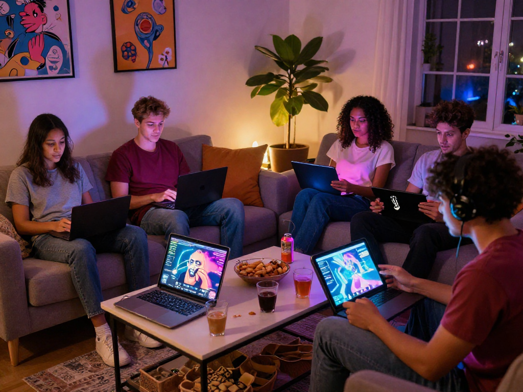 Players enjoying online sex games in a cozy living room with vibrant gaming devices.