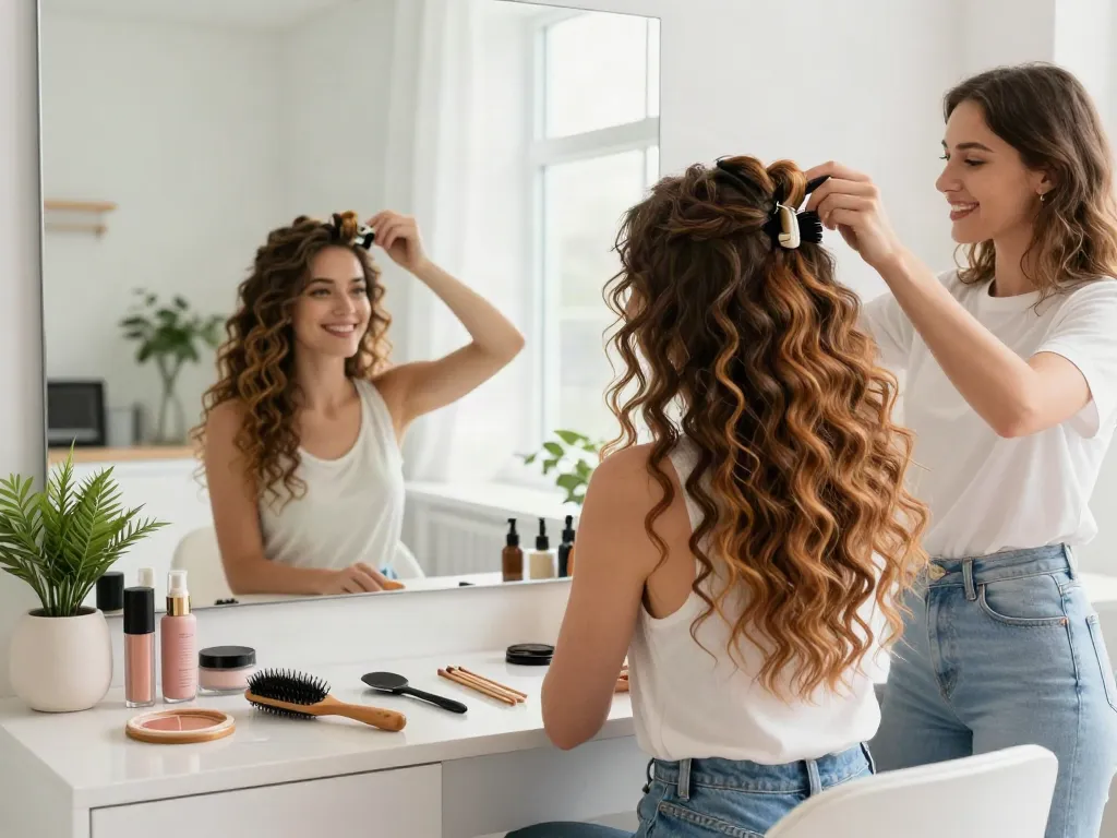 Youthful woman joyfully applying curly clip ins in a bright bathroom, showcasing trendy hair transformation.