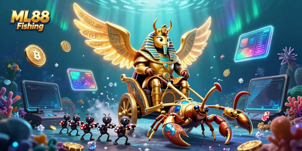 Win big in ML88 Fishing with this vibrant 3D illustration featuring a golden scarab beetle.