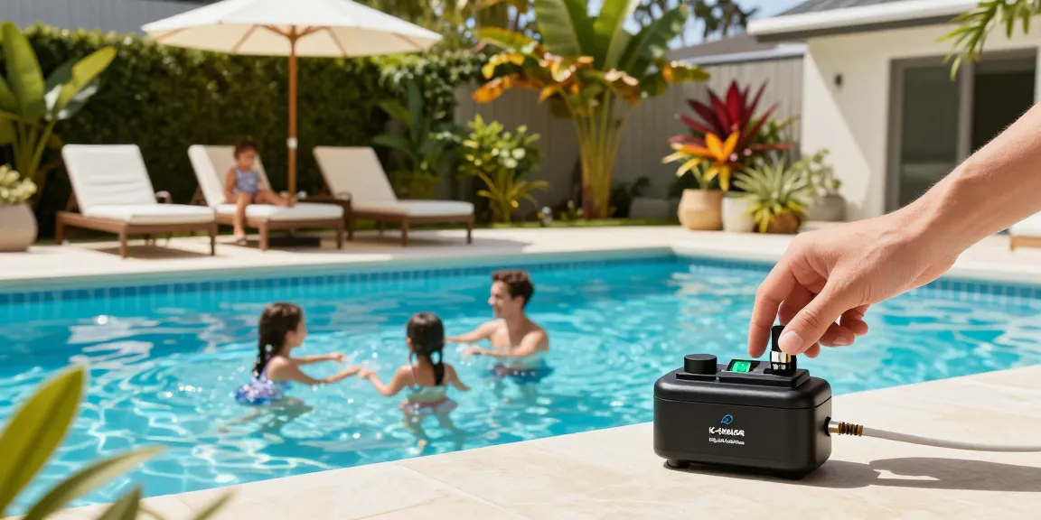 Best Pool Chlorinators featured in a sunny backyard with family enjoying a pool, showcasing K-Chlor Digital Gold Series system.