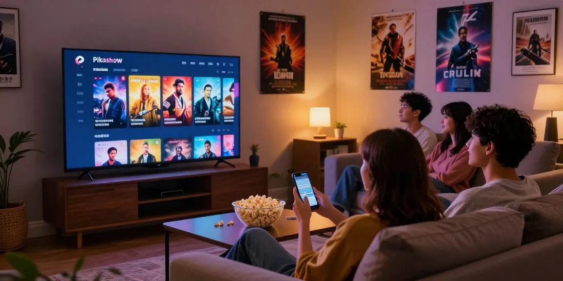 Pikashow APK interface displayed on TV as friends enjoy streaming movies in a cozy living room.