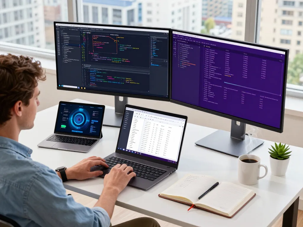 Person coding at a modern standing desk, displaying dynamic coding interface and collaborative tools, ideal for wps 下载.