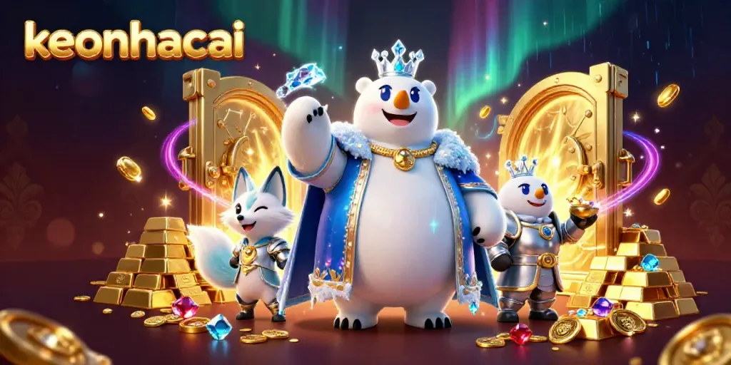 Engage with the keonhacai treasure scene of a polar bear king amidst a golden vault.