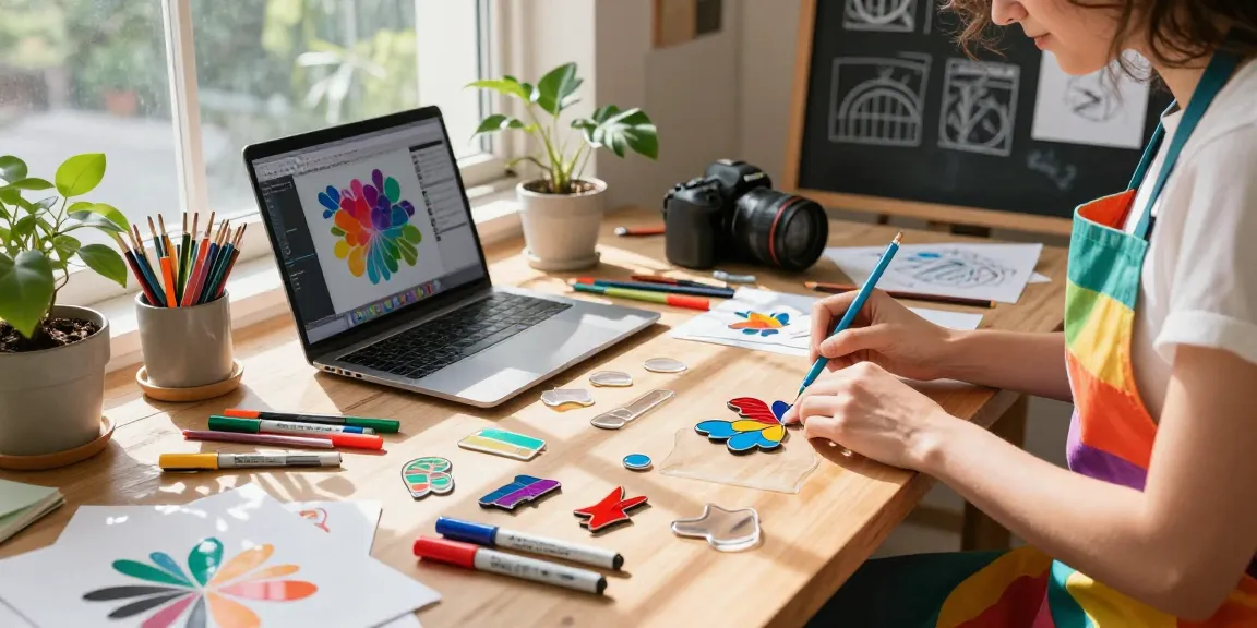 Creative artist designing custom acrylic pins in a bright studio.