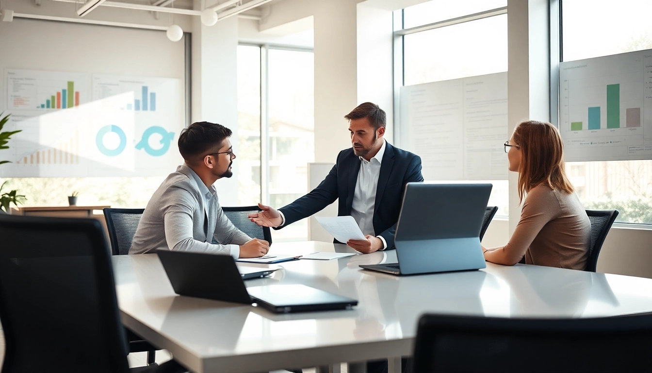 Engaging discussion on change management consulting in a modern office setting.