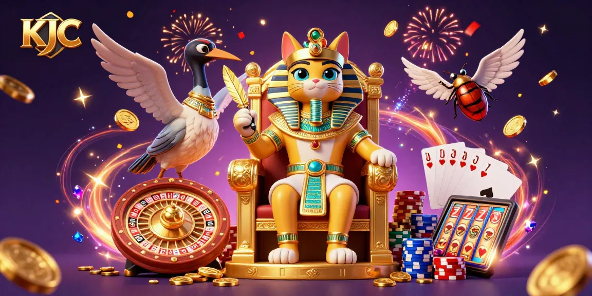 KJC's engaging online casino scene featuring a pharaoh cat and royal elements creating a vibrant gaming atmosphere.