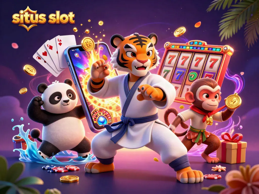 Experience situs slot action with cartoon characters in a vibrant casino setting, showcasing jackpots and slot games.