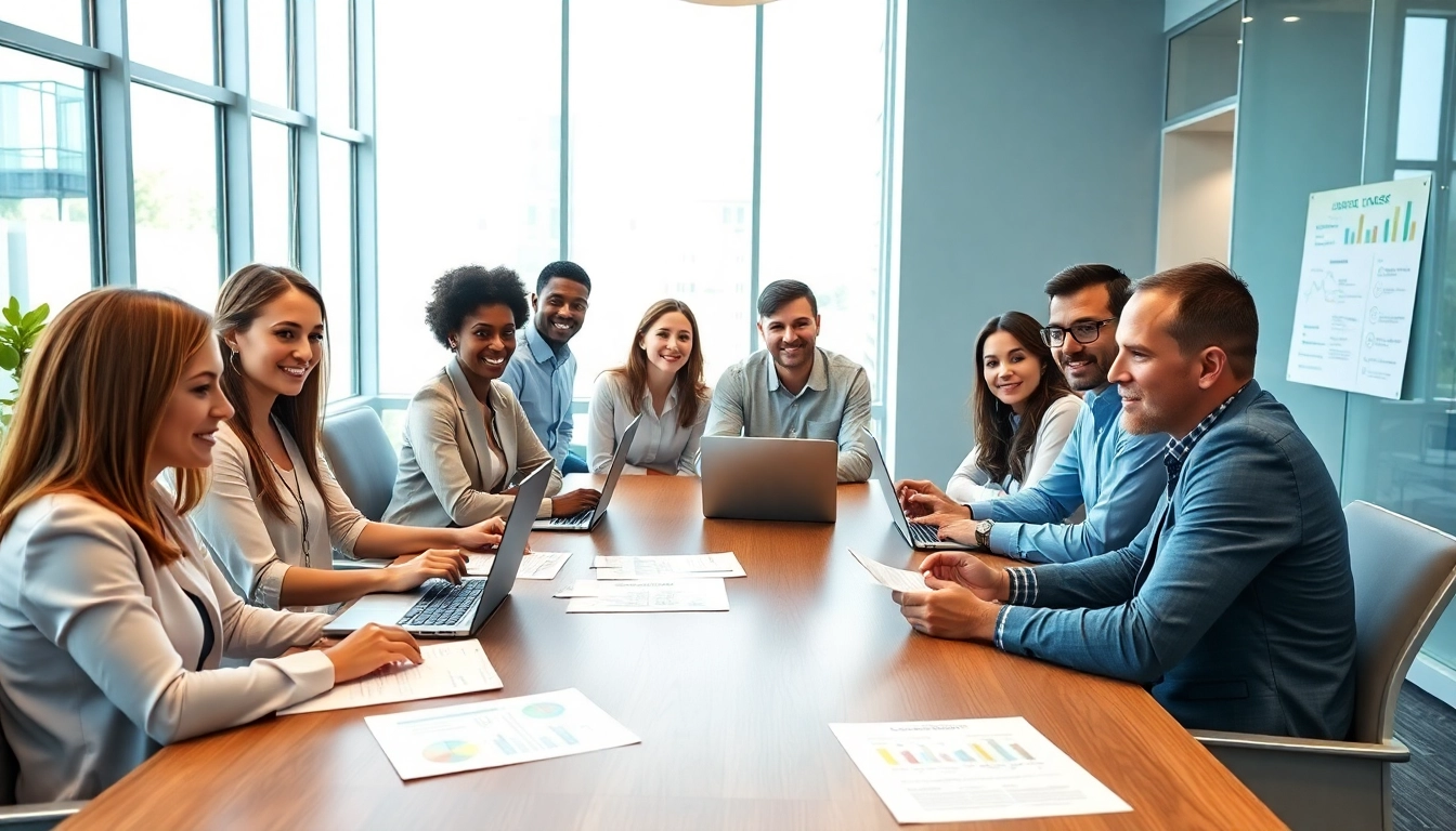 Group of professionals discussing their ideal career paths in a modern office setting.