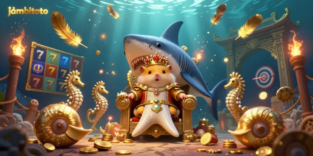 Win big at jambitoto with a majestic golden hamster king and colorful slot game elements!