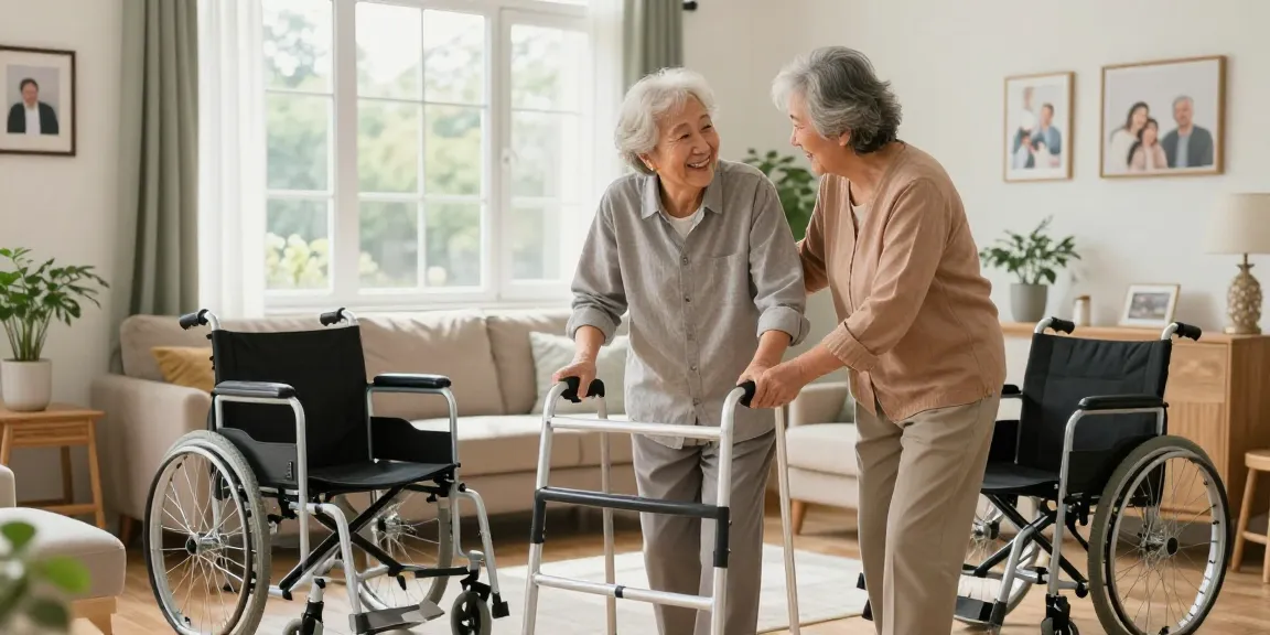 Buy nobility aids with an elderly couple using mobility aids in a sunlit living room, showcasing independence and support.