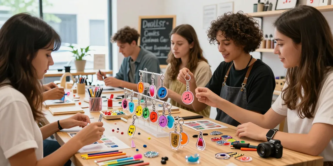 Vibrant display of custom acrylic keychains in a lively shop environment showcasing design options and customer interaction.