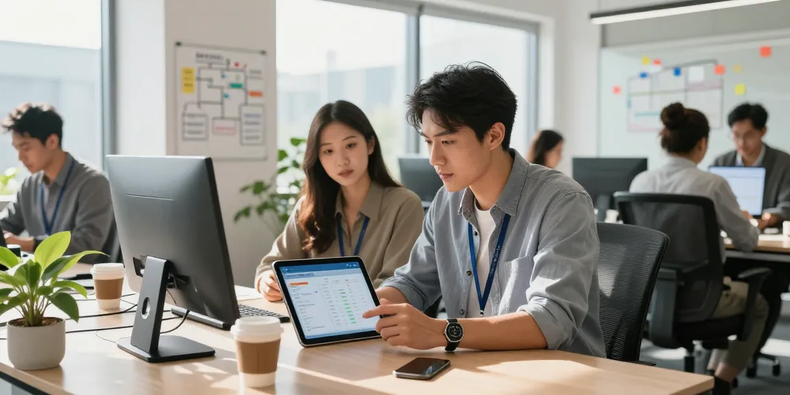 ServiceJan app for services in a bright office, team reviewing job schedules and requests, modern workspace.