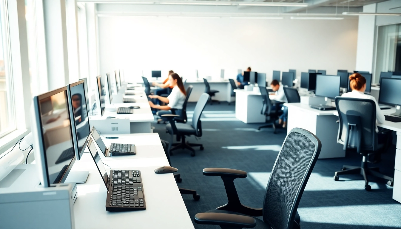 Typing Center with dedicated workspaces and focused professionals efficiently working.