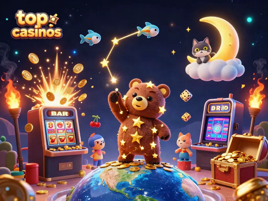 Experience top crypto casinos with an exciting 3D illustration of stellar characters and casino elements.