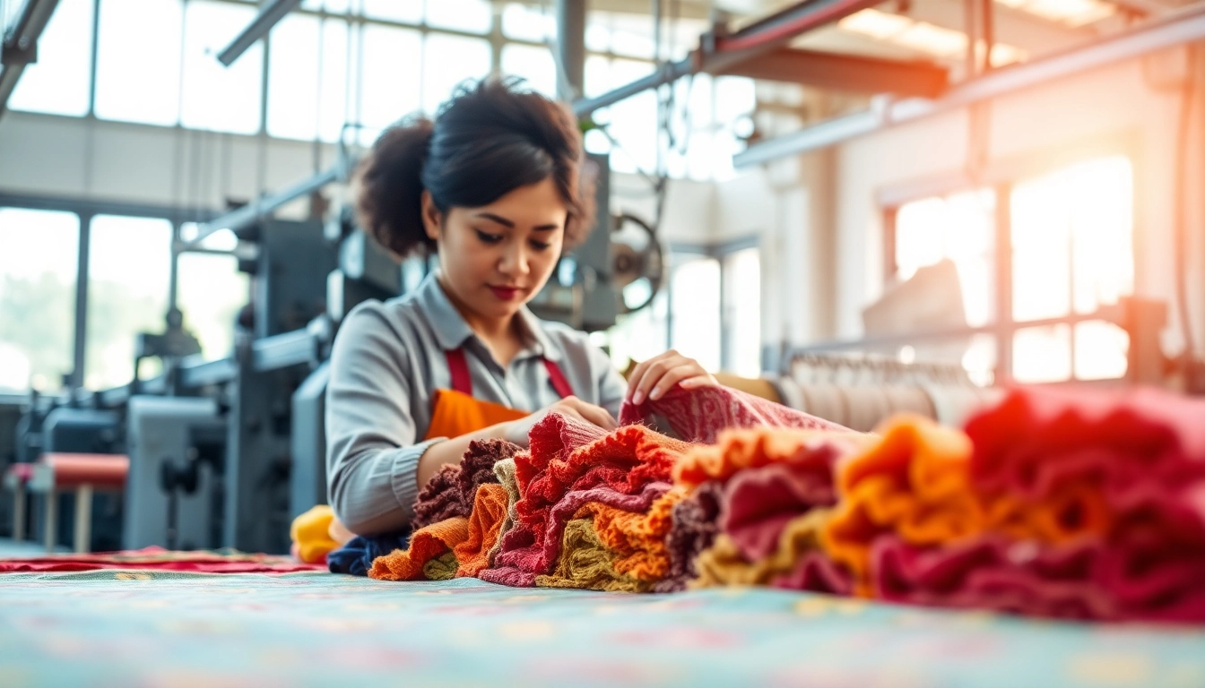 Katoen fabric selection process in a textile factory, showcasing vibrant colors and textures.
