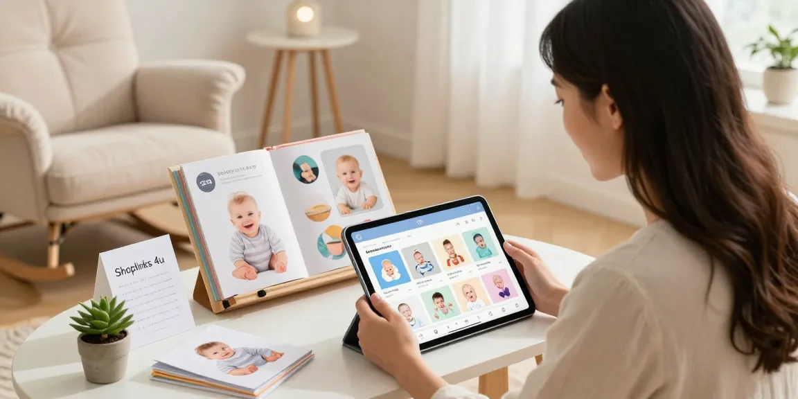 Young mother exploring personalized baby albums at Shoplinks 4u, showcasing thoughtful gift ideas in a cozy atmosphere.