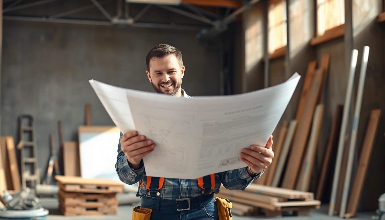 Contractor apprenticeship focus with a professional reviewing blueprints at a construction site.