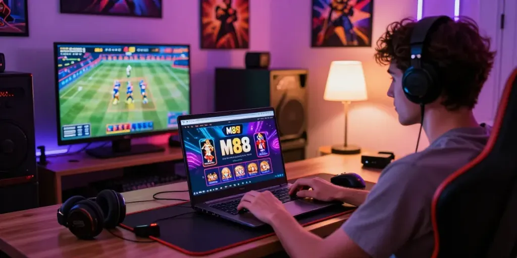 Engaging player logging in to M88 online betting platform, showcasing vibrant gaming interface and home office atmosphere.