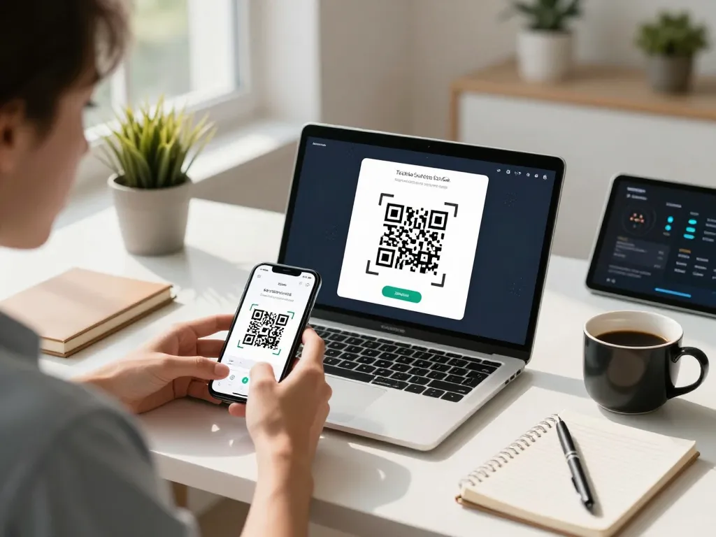 Scan QR code easily with our web-based scanner in a bright workspace.