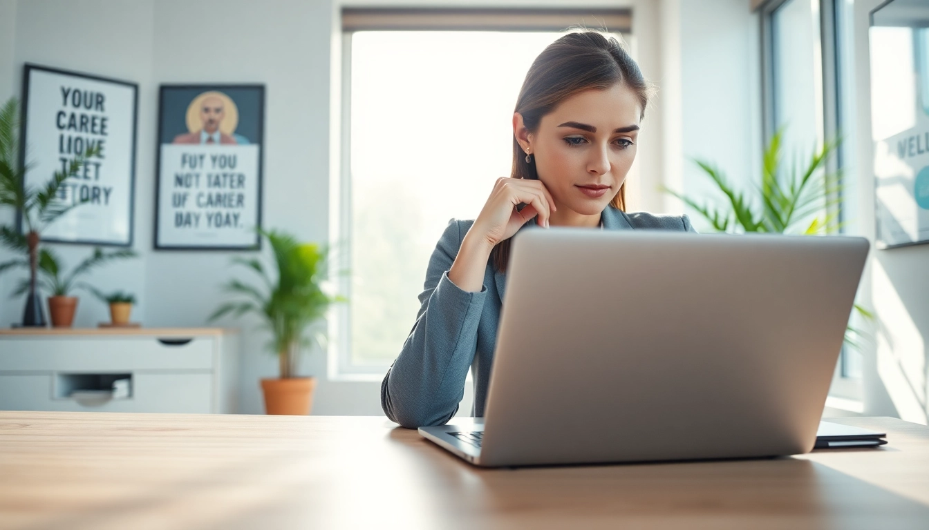 Woman considering her ideal career options at a bright office desk.