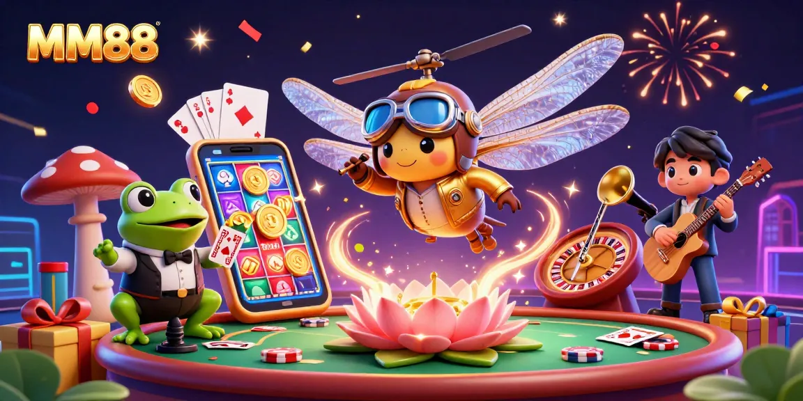 MM88 casino scene with a dragonfly helicopter pilot, frog croupier, and jazz musicians in vibrant gaming atmosphere.