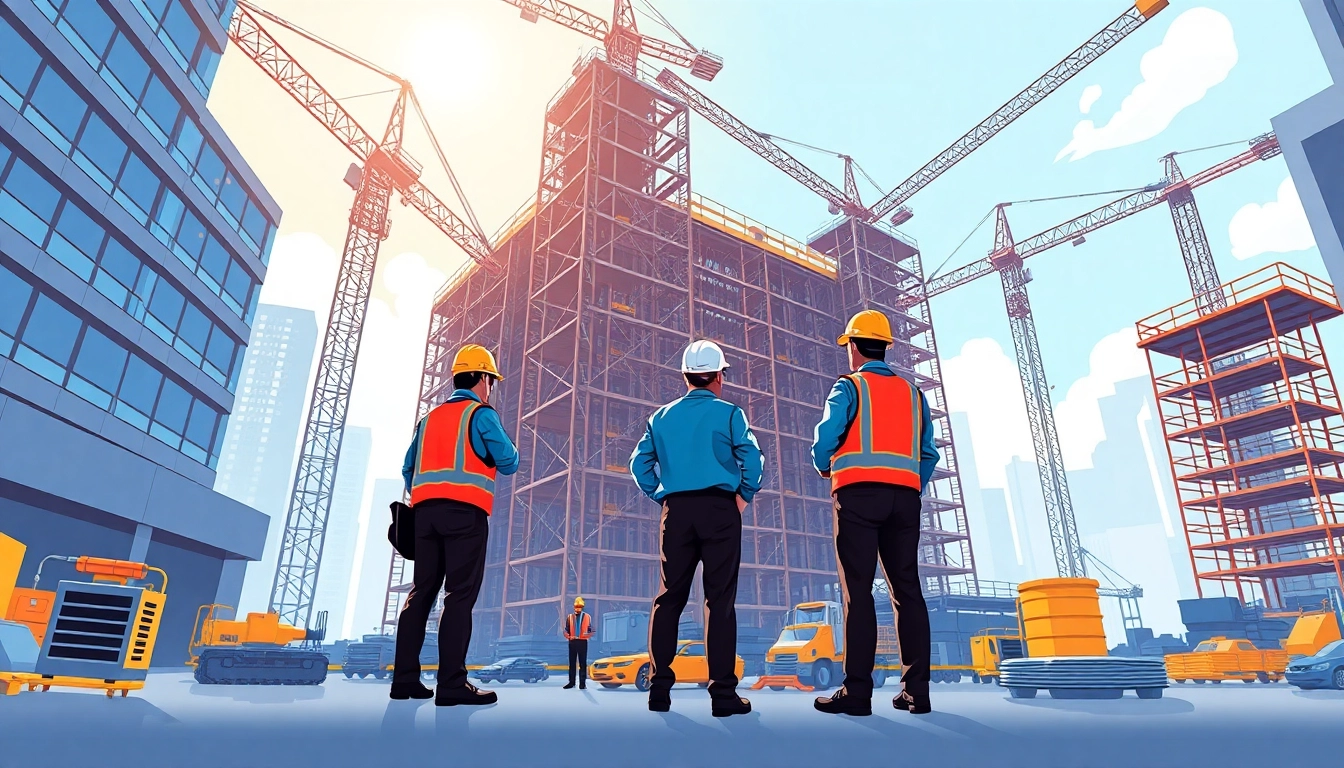 Construction advocacy with professionals collaborating on an urban construction site.