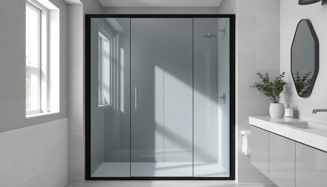 Beautifully designed black shower door in a minimalist bathroom with natural light.